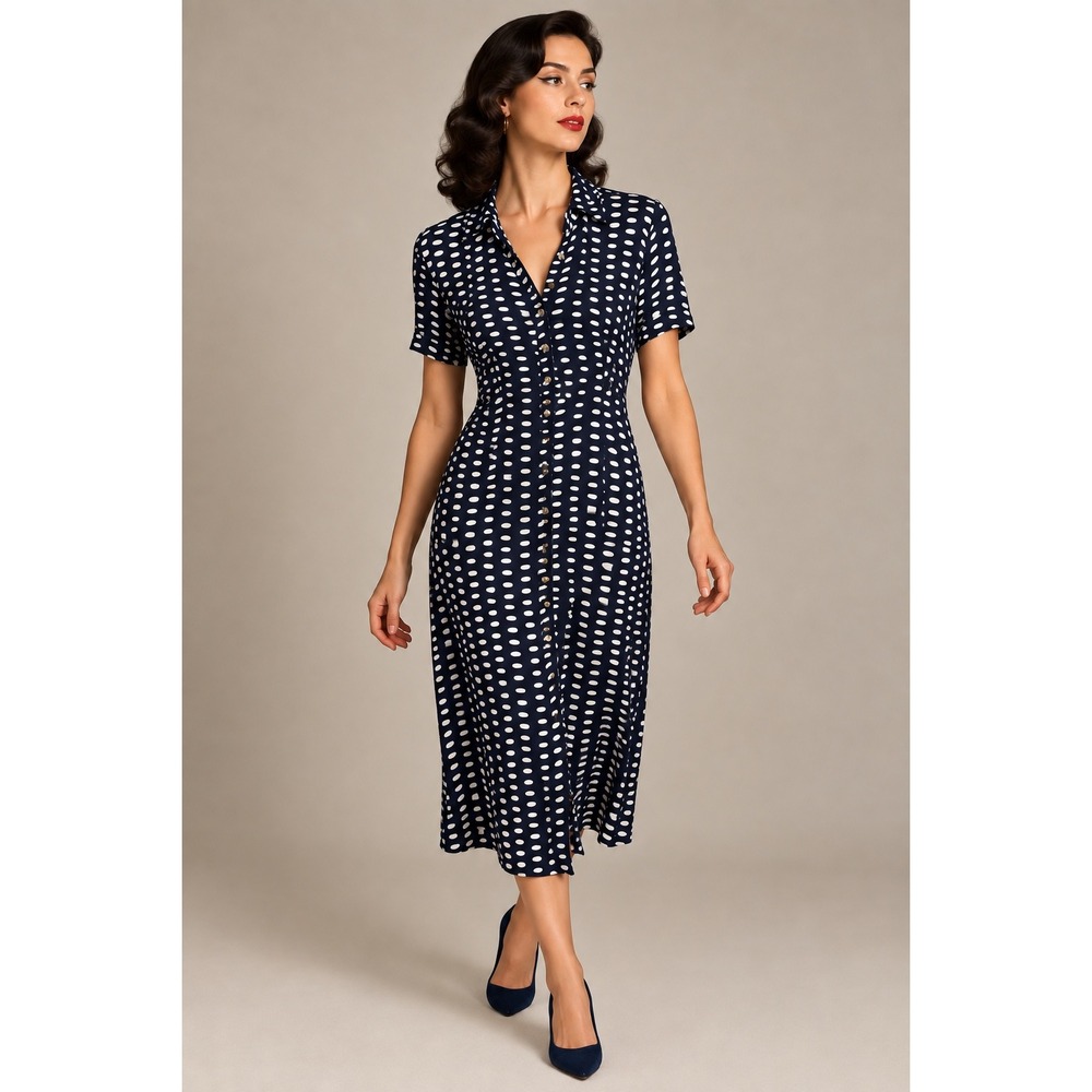 Vintage Lola P Women Navy Blue Polka Dot Maxi Dress Medium